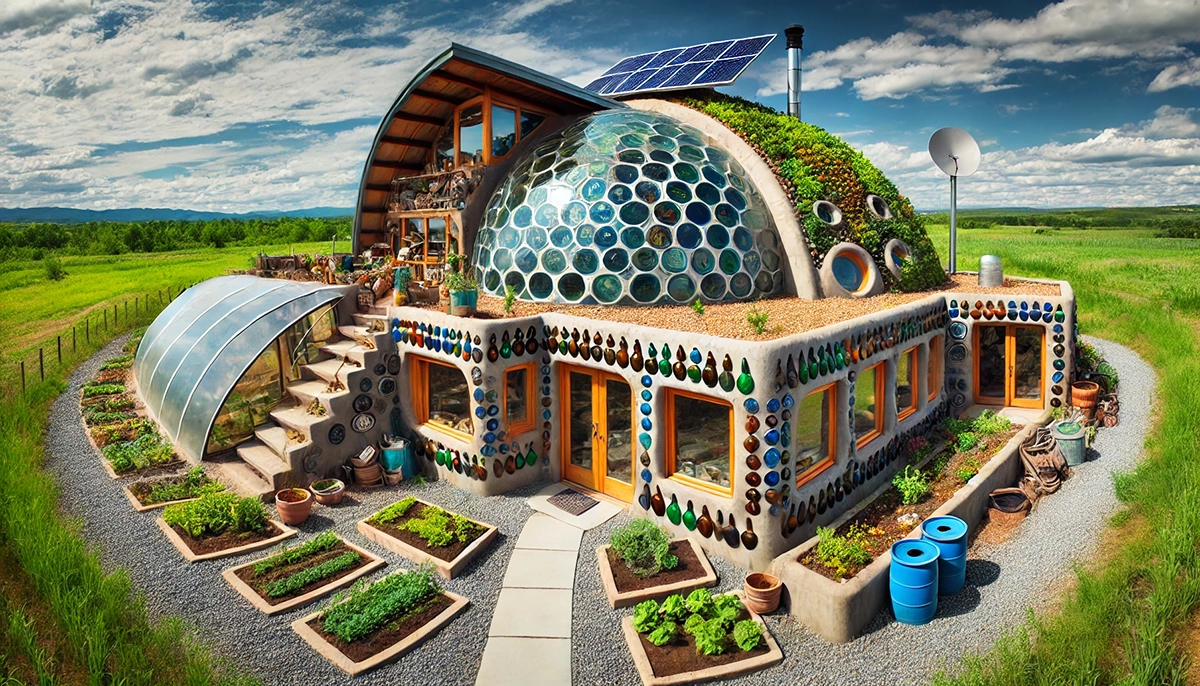 Earthship with bottle walls, large south-facing windows, solar panels, and lush green surroundings