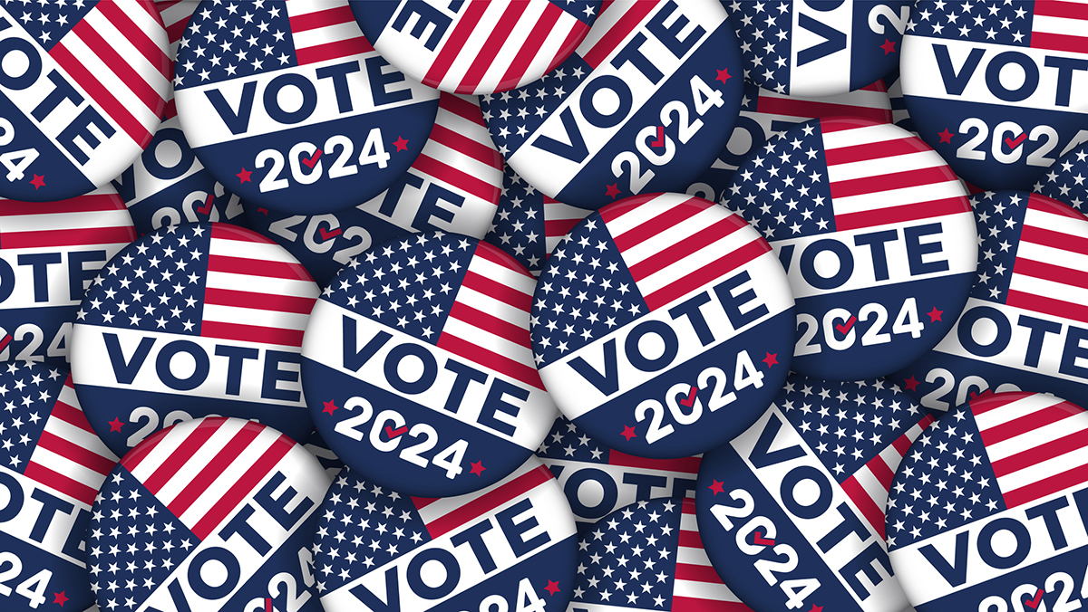 2024 election buttons with American flags representing the importance of voting and its impact on the housing market.